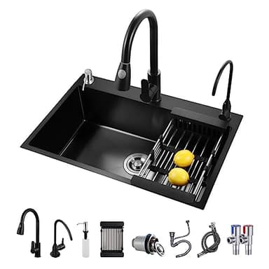 KELINGOUD Black Farmhouse Workstation Sink - Stainless Steel Single Bowl, Drop-in/Topmount, 75 x 45cm