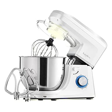 1800W Stand Mixer with 7L Stainless Steel Large Bowl – 3 Attachments Whisk, Beater & Dough Hook – Splash Guard – 6-Speed Settings – Non-Slip Feet – White Kitchen Mixer