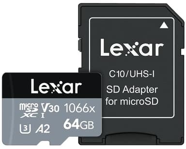 Lexar 64GB Professional 1066x micro SD Card w/SD Adapter, UHS-I, U3, V30, A2, Full HD, 4K, Up To 160/70 MB/s Memory Card, for Action Cameras, Drones, Smartphones, Tablets (LMS1066064G-BNANU)