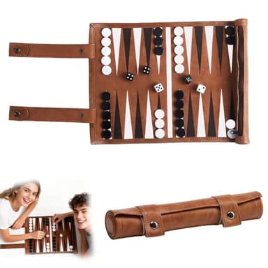 SGZIOO Travel Backgammon Set, Roll Up Board Game Travel set, Portable Board Game Sets Leather with Traditional Tan Design, Tactical Board Game for Adults Family Party