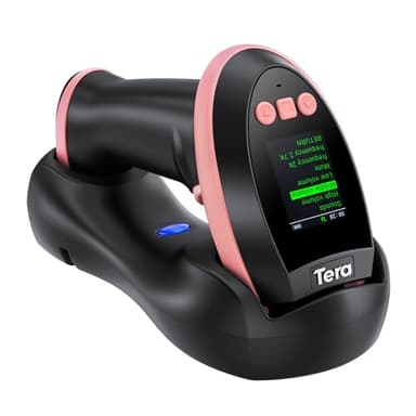 Tera 2D Wireless Barcode Scanner: with Digital Setting Screen & Keypad, Works with Bluetooth & 2.4G Wireless & USB Wired, 1D 2D QR Handheld Image Bar Code Reader with Cradle for Warehouse HW0009 Pink