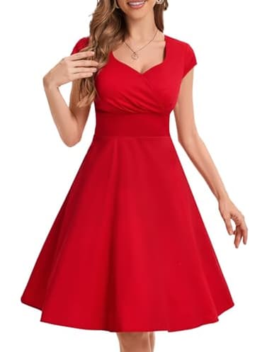 Fynadressr Women Elegant 1950s Vintage Summer Cocktail Dress 50s Retro Wedding Guest Party Swing Dress Red XL