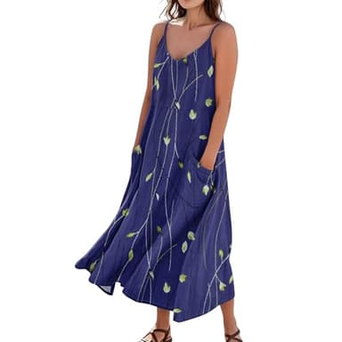 Sales Clearance My Orders UK Pink Dresses Women Boho Elegant Floral Print Sleeveless Spaghetti Strap Dress with Pockets Phase Eight Dresses (Dark Blue, M)