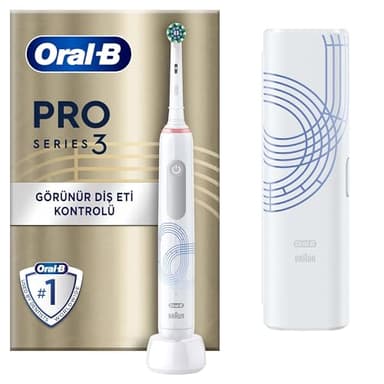 Oral-B Pro Series 3 Electric Toothbrush, 1 Replacement Brush, 3 Cleaning Modes and Visual 360° Pressure Control for Dental Care, Travel Case, Special Edition, Designed by Braun, White