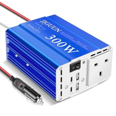JIGUUN 300W Inverter 12V/24V 240V Pure Sine Wave Peak Power 600W with 1 UK socket 2 USB ports 2 Type-C ports 30W for cars, camping, travel, emergencies