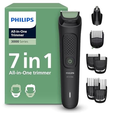 Philips Multigroom 3000 Series All-in-One 7-Piece Trimmer - Shaver and Clipper for Face & Head, Self-Sharpening Skin-Friendly Blades, 10 Length Settings, Model MG3930/15