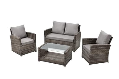 EVRE Black 4 Seater Rattan Garden Conservatory Patio Furniture Sofa Armchair Roma Set with Glass Top Coffee Table Wicker Weave Sofa and Cushions (Cedar Brown)