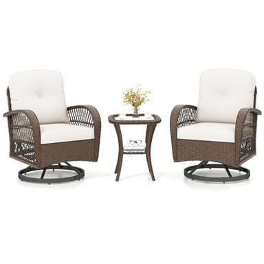 COSTWAY 3 Pieces Patio Rattan Bistro Set, 360° Swivel Outdoor Rocking Chairs and Table Set with Cushions and Pillows, Garden Furniture Set Wicker Conversation Sofa Table (White)