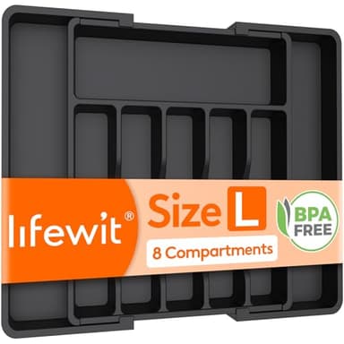 Lifewit Cutlery Drawer Organiser Large, Extendable Cutlery Tray,8 Compartment, Kitchen Drawer Organiser Utensil Spoons Forks Knives, Black
