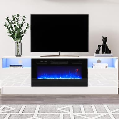Warmiehomy Electric Fire Insert TV Stand, 78" TV Unit with Fireplace Built in, 12 Colors Moon Light & 12 Flame Effect Support, 36" Fireplace, Remote Control & Overheat Protection, White