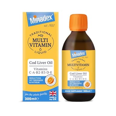 Minadex Multivitamin Liquid with Cod Liver Oil for Adults & Kids, Delicious Orange Flavour, Vitamins C, A, B2, B3, D, E & Omega-3, Boost Energy & Reduces Tiredness, Supports Immunity, 300ml