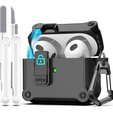R-fun Compatible with AirPods 3rd Generation 2021 Charging Case Cover, Full Drop Protection Auto Pop-Up Lid Compatible with Apple Airpod 3 Gen Case with Cleaner Kit & Keychain,Black