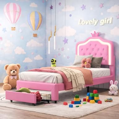 TITA-DONG 3ft Single Girls Bed Frame, Crown-Shaped Princess Bed with LED Lights, Upholstered Platform Kids Bed with Storage Drawer Wooden Slat Support, No Mattress, PU, Pink