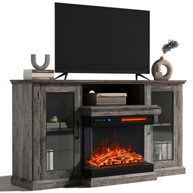 INMOZATA Electric Fire Insert TV Stand, Entertainment Center Console Table with 3-Side Realistic LED Flame Effect Display, Remote Control&Overheat Protection, Grey, 25" Fireplace, for 65" TV