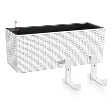 Lechuza Self Watering Pot BALCONERA Cottage 50 White Plastic Balcony Planter for Railing Rattan Look Planter H19 L50 W19 cm Bundle with White Balcony Brackets