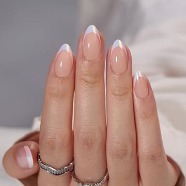 BTArtbox French Tip False Nails Short - Almond Press on Nails in 15 Sizes, 30Pcs Soft Gel Fake Nail with Glue, Reusable Semi-Transparent Stick on Nails for Women, Mermaid