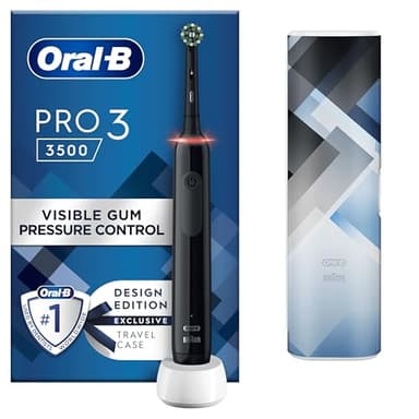 Oral-B Pro 3 Electric Toothbrush For Adults, 1 Cross Action Toothbrush Head & Mondrian Travel Case, 3 Modes with Teeth Whitening, 2 Pin UK Plug, 3500