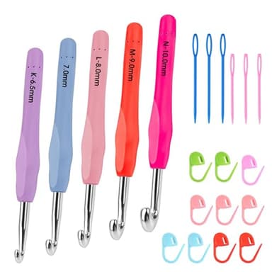 21 Pcs Ergonomic Crochet Hooks Set for Beginners & Arthritic Hands, 6.5-10mm Aluminum Large Soft Grip with Crochet Needles and Stitch Markers