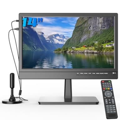 ZOSHING 14" Small 1080P screen TV with freeview Reception and Aerial,Two Power AC/DC-12V,HDMI-USB-VGA Input Ports for Camper/Monitors/kitchens