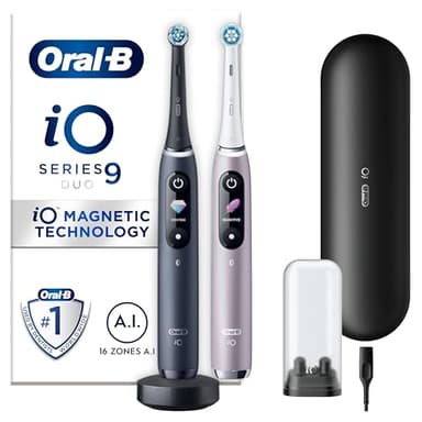Oral-B iO9 2x Electric Toothbrushes For Adults, Oral B Electric Toothbrushes, Gifts For Women / Men, 2 Toothbrush Heads & Charging Travel Case, 7 Modes with Teeth Whitening, 2 Pin UK Plug, Black