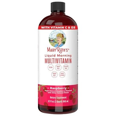 MaryRuth Organics, Liquid Morning Multivitamin Essentials+, Essential Vitamins & Minerals, Sugar Free, Raspberry Flavour, 946ml, Vegan, Gluten Free