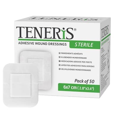 Teneris Sterile Adhesive Wound Dressings – 6×7cm, Pack of 50 – Individually Wrapped, Breathable Surgical Plasters for Post-Operative Care, Minor Wounds & Medical Device Fixation