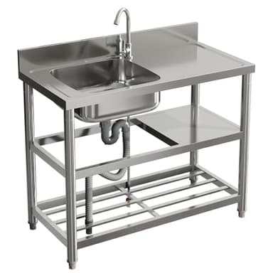 Warmiehomy Commercial Restaurant Sink 3 Tier Free Standing Sinks with Storage Shelf Stainless Steel Single Bowl Kitchen Sink Unit Outdoor Camping Washbasin with Drainer Kit, 100x50x89.5cm
