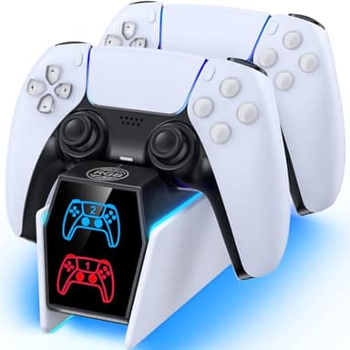 Tokluck PS5 Controller Charger Station - Compatible with Playstation 5 Edge & Dual Controller, Protective Charging Station with Cable, PlayStation Protectors Dock Stand for with LED Indicators, White