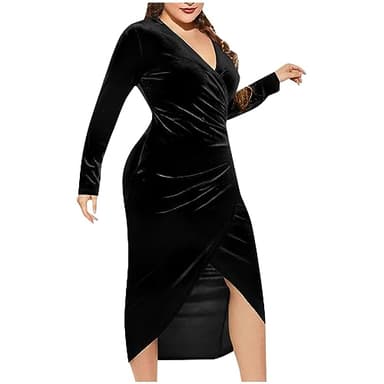 Red Dresses for Women UK, Women's Fashion Plus Size Solid Color V Neck Long Sleeve Velvet Sheath Dress Sexy Pleated Phase Eight Dresses for Women UK Sales,Black,3XL