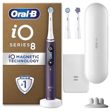 Oral-B iO8 Electric Toothbrushes For Adults, App Connected Handle, 3 Toothbrush Heads, Travel Case & Toothbrush Head Holder, 6 Modes, 2 Pin UK Plug, Violet