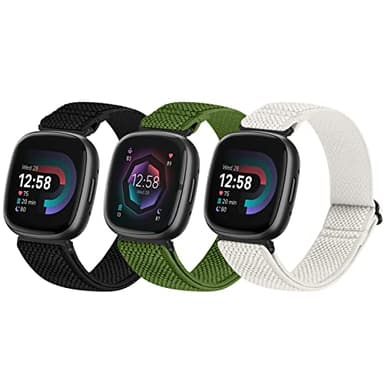SHIJZWD 3 Pack Elastic Watch Straps - Compatible with Fitbit Versa 4/3 & Sense 2/1, Soft Breathable Nylon Sports Loop Bands - Stretchy Adjustable Replacement Wristbands for Women & Men
