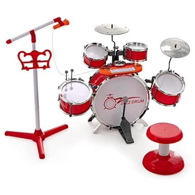 COSTWAY Kids Drum Kit with Stool, 8-Keys Keyboard, Microphone and 2 Drumsticks, Jazz Drum Play Set, Musical Instruments Toy for 3 Years + Boys Girls (Red)