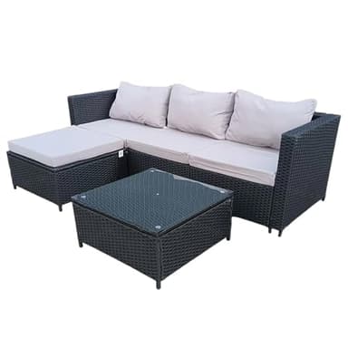 COZYBRITE Garden Corner Sofa Rattan Furniture Set 4 Seater Patio Outdoor Lounge Settee with Glass Coffee Table All-weather SFS066 (Black Rattan+Grey Cushion)