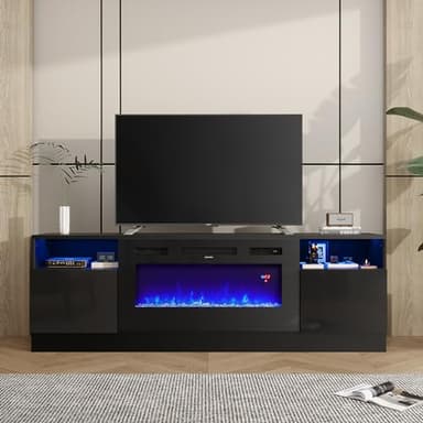 INMOZATA Electric Fire Insert TV Stand, Entertainment Center Console Table with 36" Fireplace, for 78" TV, with 12Colors Realistic Flame Effect & 12Colors Moon Lights, Overheat Protection, Black