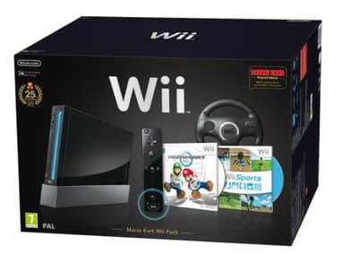 Nintendo Wii Console (Black) with Wii Sports + Mario Kart and Black Wii Wheel + Motion Plus Controller (Wii)