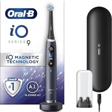 Oral-B iO9 Electric Toothbrushes For Adults, App Connected Handle, 1 Toothbrush Head & Charging Travel Case, 7 Modes with Teeth Whitening, 2 Pin UK Plug, Black