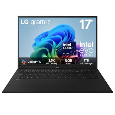LG gram 17Z90TL - 17 Inch 2.5K IPS Ultra-Lightweight Laptop, Intel Core Ultra 7 256V 47TOPS NPU - EVO Edition, 16GB RAM, 1TB SSD, Windows 11 Home, gram Hybrid AI, Copilot+ PC, Black (2025)