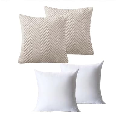 BedLooms Cushions with Covers Included 45 x 45 cm Set of 4 (2 Beige Cushion Covers, 2 Cushion Inserts) Ultrasonic Square Throw Pillow Cases Decorative Sofa Cushion with Invisible Zipper