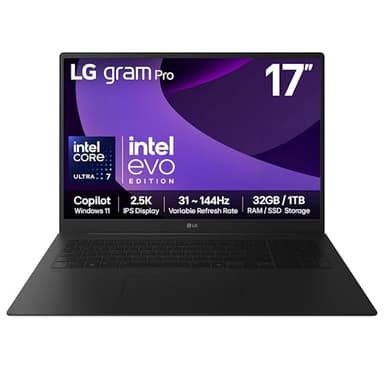 LG gram Pro 17Z90TP - 17 Inch 2.5K IPS 144Hz VRR, Ultra-Lightweight Laptop, Intel Core Ultra 7 255H - EVO Edition, 32GB RAM, 1TB SSD, Windows 11 Home, gram Hybrid AI, Copilot, Black (2025)