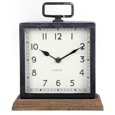 ARIATI Black Metal Handle Mentel Clock on Wood Base Distressed Square London Mantle Retro Vintage Style Mantel Clock - Traditional Classic Design