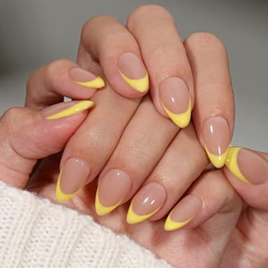 KQueenest French Tip False Nails with Glue, Light Yellow Press on Nails Short Almond, Natural Nude Fake Nails Press ons Stiletto, Reusable Soft Gel Stick on Nail for Women, 30 Pcs