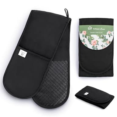 Black Double Oven Gloves | Maximum Heat Resistant Protection | Double Oven Mitt With Silicone Non-slip Design | Machine Washable Thick Oven Glove Home & Kitchen Accessories.