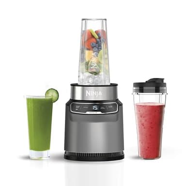 Ninja Blender with Auto-iQ, Blend in Cup, One Touch Controls, Make Smoothies, Milkshakes & Frozen Treats, Dishwasher Safe Parts, Stainless Steel Blades, 1000W, 2 x 700ml Cups, Grey/Silver, BN500UK