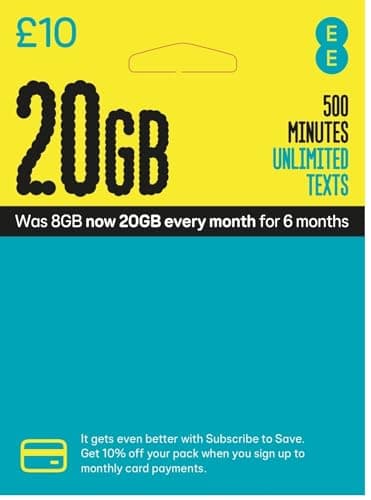EE PAYG £10 Data Sim Includes £10 pre-paid credit, 20GB Data, 500 Minutes and Unlimited Texts