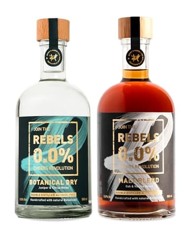 REBELS 0.0% Alcohol-Free Spirits Set - Gin & Whiskey Alternatives - 2x500ml - Botanical Dry, Malt Blend - Natural, Vegan, Double-distilled - For Non Alcoholic Cocktails - Crafted in Swiss Alps