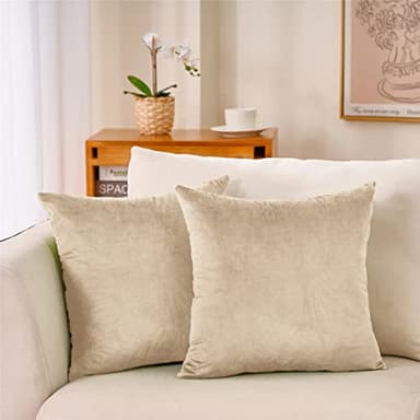 Hafaa Velvet Cushions with Covers Included Sets 4 (2 Beige Cushion Covers, 2 Cushion Inserts 45cm x 45cm) Luxury Decorative Fluffy Square Throw Pillow Case Sofa Cushion with Invisible Zipper