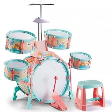 Kids Jazz Drum Kit Toy with Music Note Cards Cymbal Foot Pedal & Stool – Educational Drum Play Set for 3+ Year Olds, Develops Music Skills & Coordination (Pink)