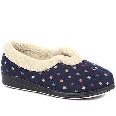 Pavers - Womens Wide Fit Polka Dot Slippers in Navy - Classic Slip-On Silhouette - Lined with Soft, Fluffy Comfort - Treated with Permalose, Supporting Better Foot Health - Size 6 UK Wide