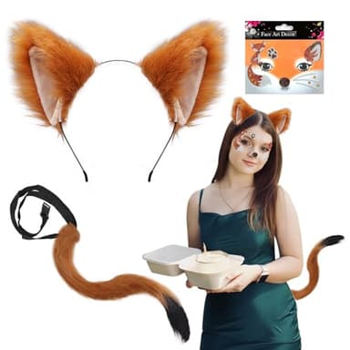 SAIIURV 3 Pieces Fox Costume For Kids Adult, Faux Fox Ears Headband Fox Long Tail Fox Face Tattoo Stickers, Animal Costume Party Fancy Dress Up for Women Girls Children World Book Day Halloween (Fox)