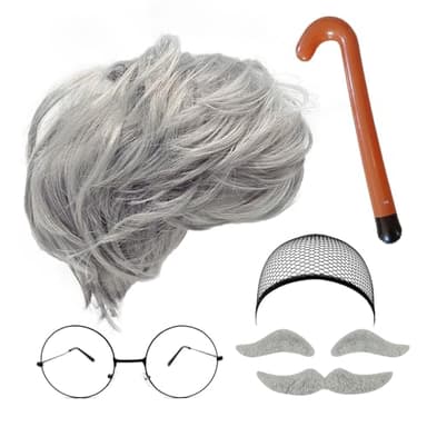 MIVAIUN 8 Pcs Grandpa Costume Set - Grey Wig, Mustache, Eyebrows, Wig Cap, Glasses, Inflatable Walking Stick - Men's Dress Up Costume Accessories for Party Cosplay Performances